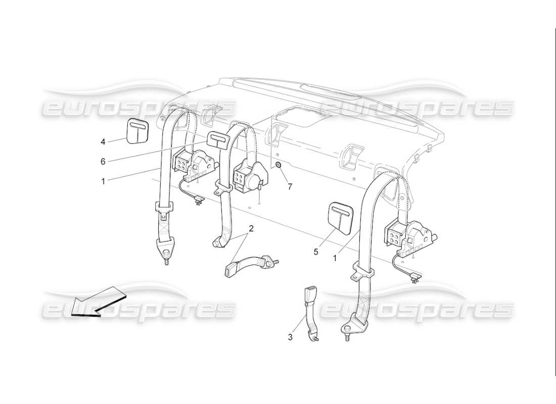 maserati qtp. (2009) 4.7 auto diagramma delle parti delle cinture di sicurezza posteriori