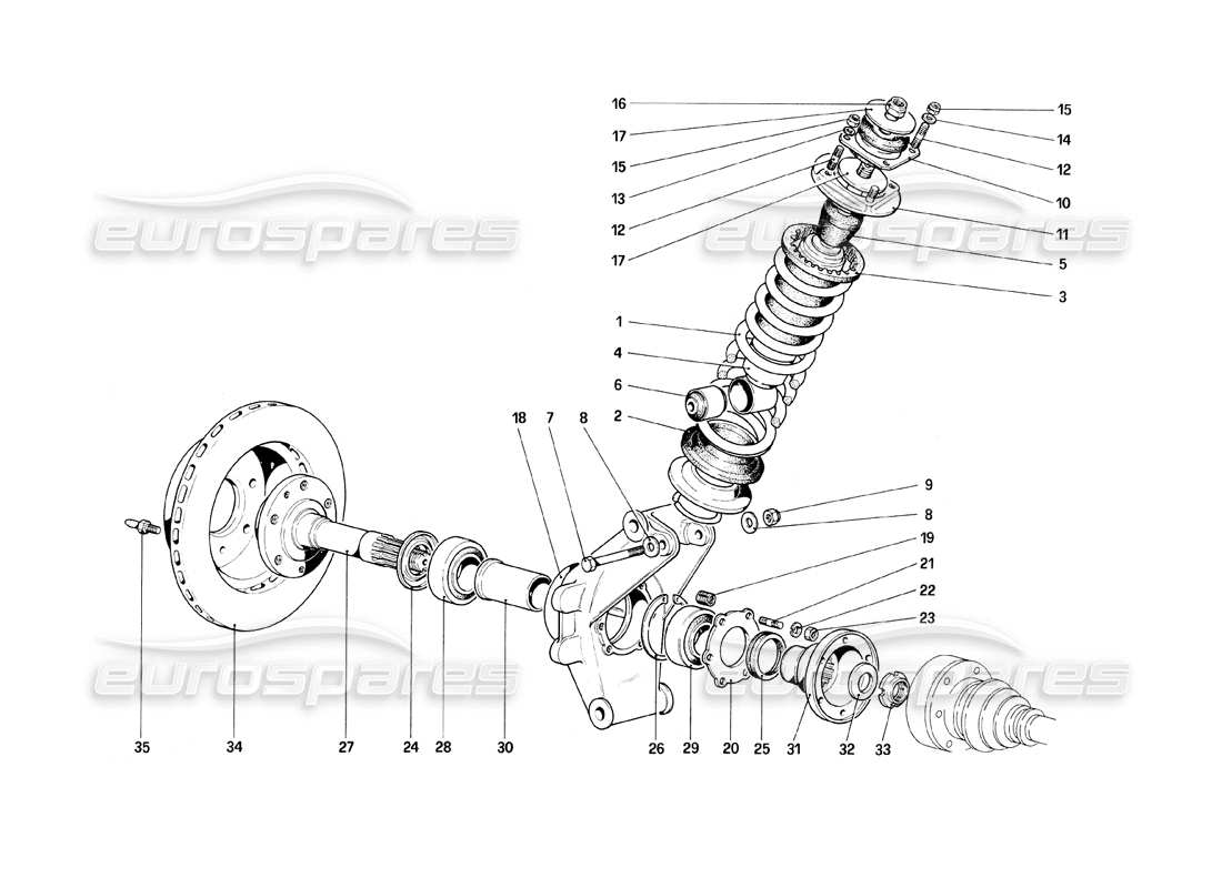 ferrari mondial 8 (1981) sospensione posteriore - ammortizzatore e disco freno schema parte