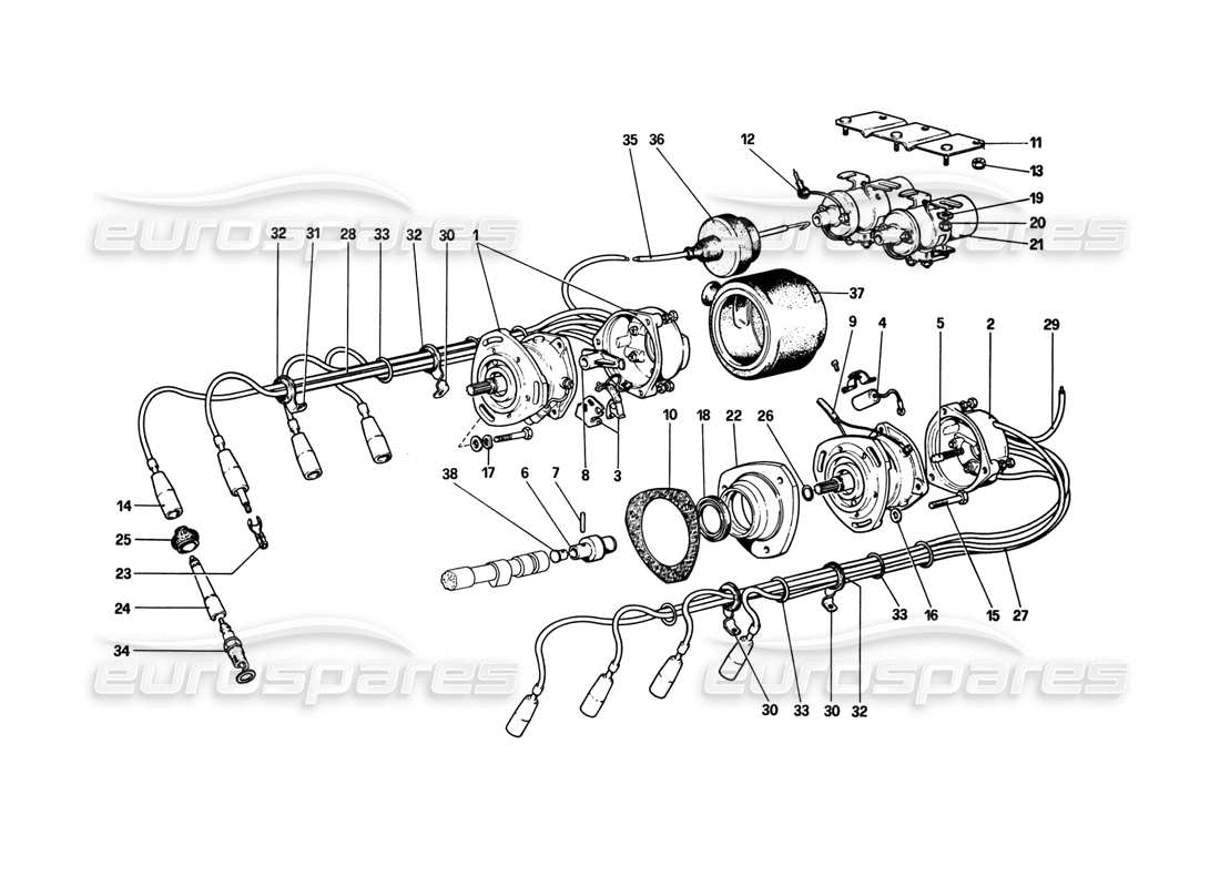 ferrari 308 gtb (1980) diagramma delle parti dell'accensione del motore (varianti per la versione aus).
