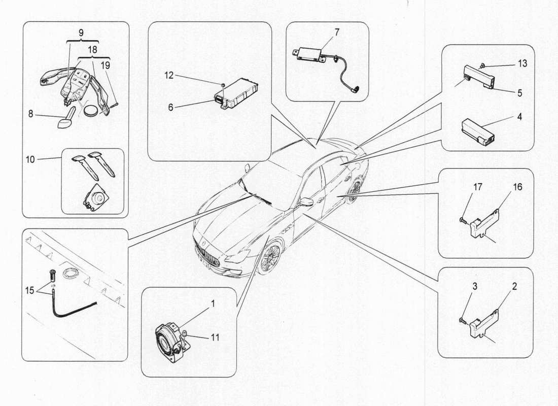 maserati qtp. v6 3.0 bt 410bhp 2015 diagramma delle parti del sistema di allarme e immobilizzatore