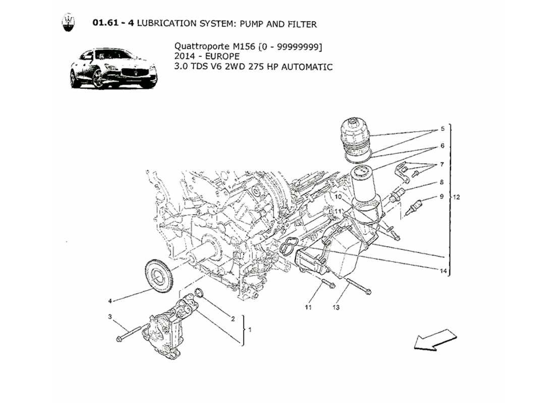 maserati qtp. v6 3.0 tds 275bhp 2014 sistema di lubrificazione: diagramma delle parti di pompa e filtro