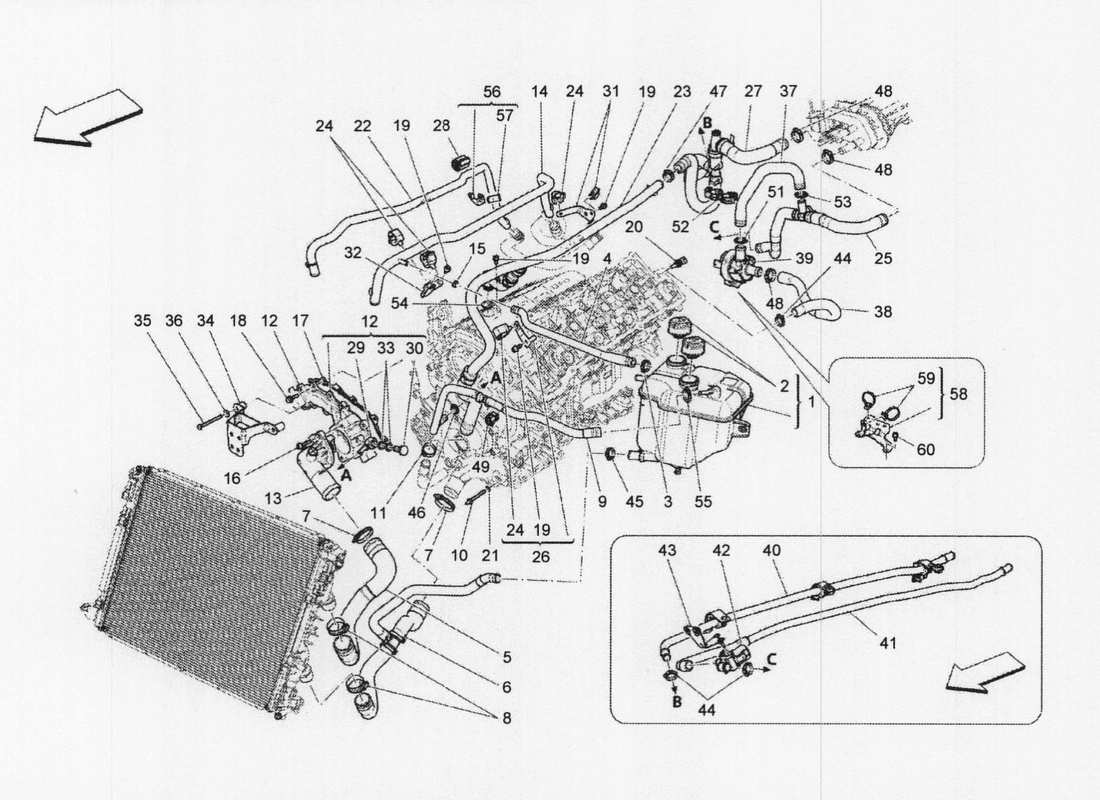 maserati qtp. v6 3.0 bt 410bhp 2wd 2017 sistema di raffreddamento: diagramma delle parti di nourice e linee