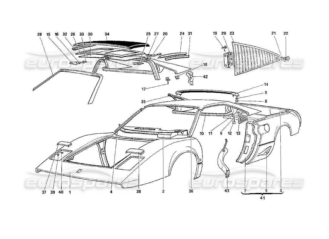 ferrari 208 turbo (1989) scocca - elementi esterni diagramma delle parti