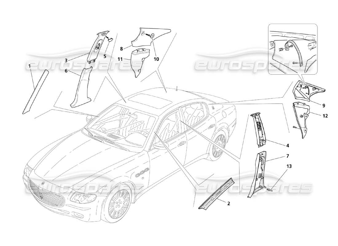 maserati qtp. (2003) 4.2 schema delle parti della tappezzeria del montante dell'abitacolo e dei fianchi laterali
