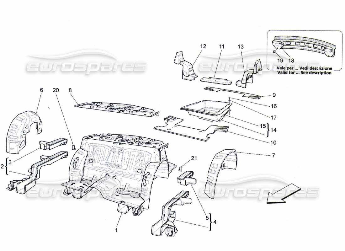 maserati qtp. (2010) 4.7 schema delle parti dei telai strutturali posteriori e dei pannelli in lamiera