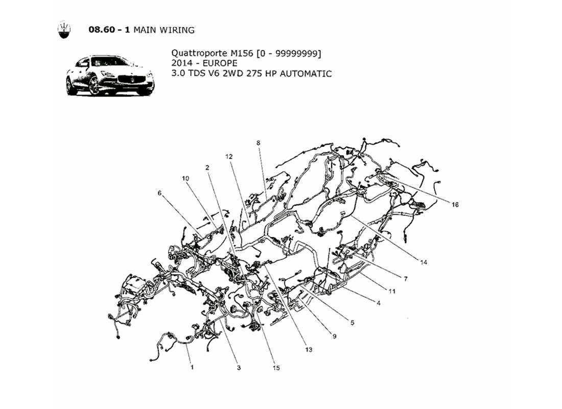 maserati qtp. v6 3.0 tds 275bhp 2014 schema delle parti del cablaggio principale