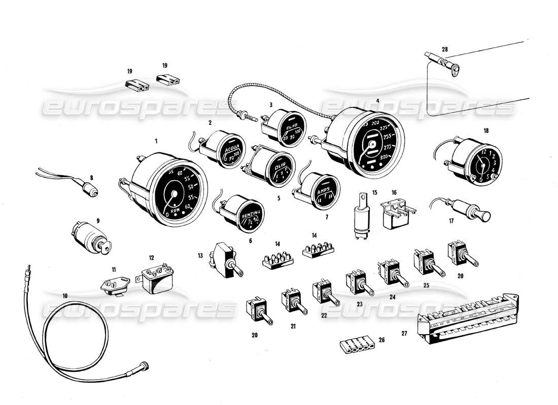 maserati qtp.v8 4.7 (s1 & s2) 1967 diagramma delle parti degli strumenti del cruscotto