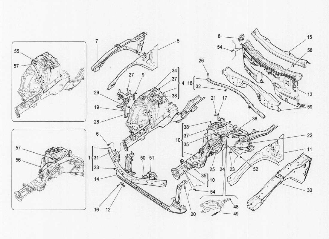 maserati qtp. v6 3.0 tds 275bhp 2017 telai strutturali e pannelli in lamiera anteriori diagramma delle parti