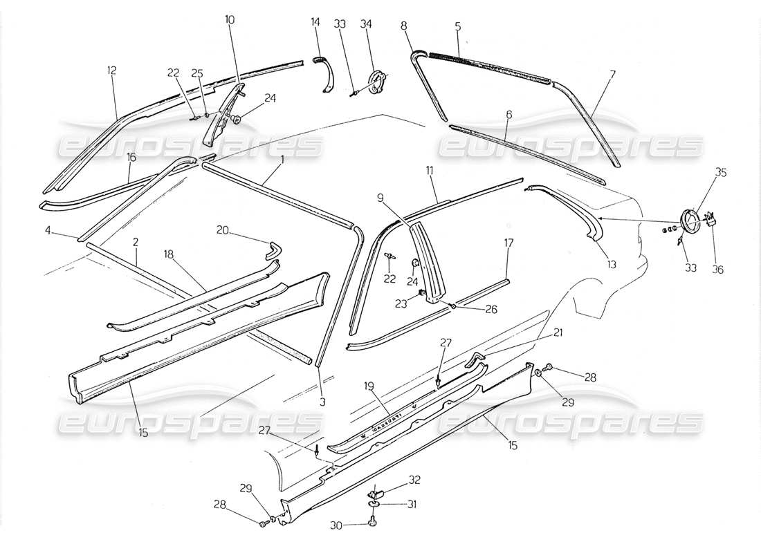 maserati 228 diagramma delle parti della modanatura esterna e delle finiture