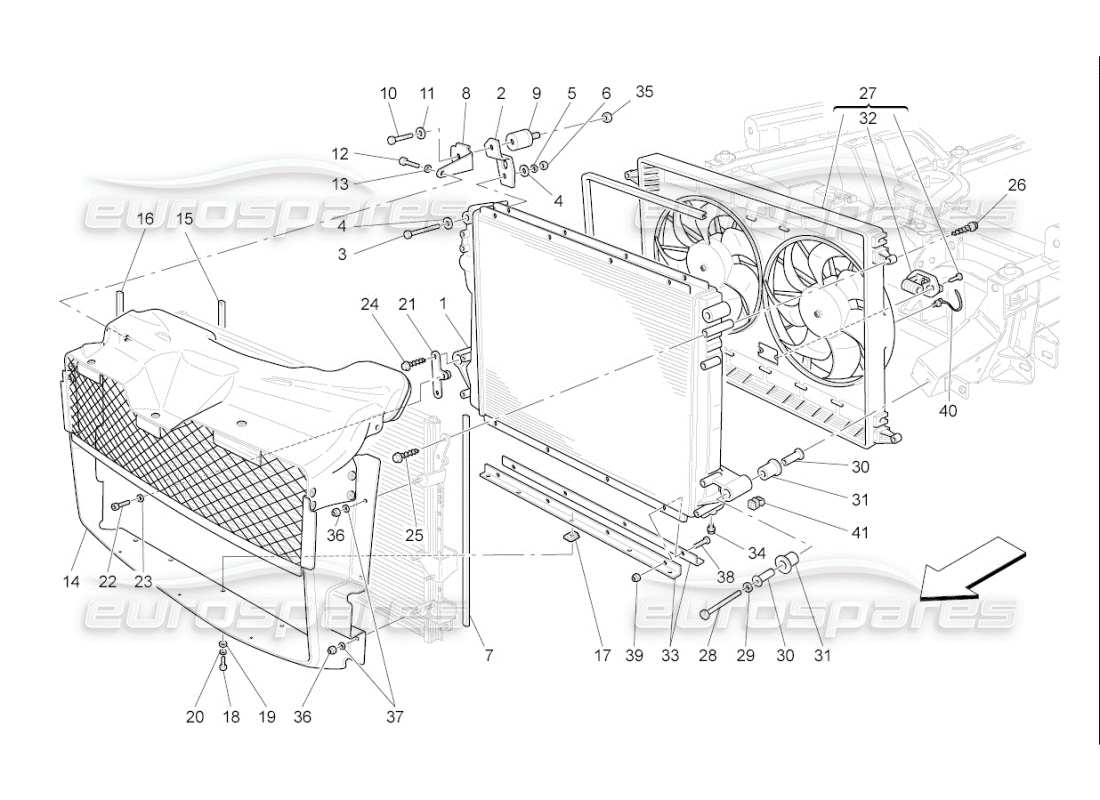 maserati qtp. (2009) 4.2 auto raffreddamento: diagramma delle parti dei radiatori dell'aria e dei condotti