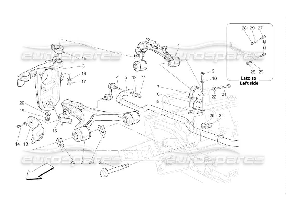 maserati qtp. (2007) 4.2 f1 diagramma delle parti della sospensione anteriore