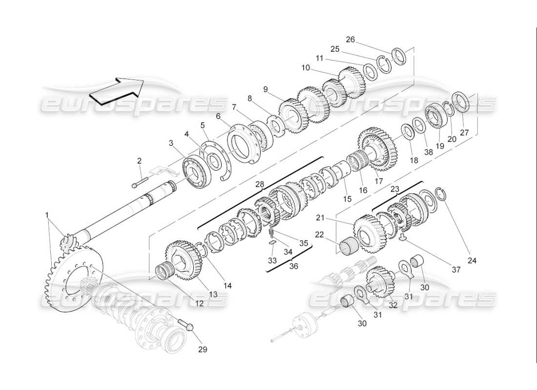 maserati qtp. (2007) 4.2 f1 diagramma delle parti degli ingranaggi dell'albero di rinvio