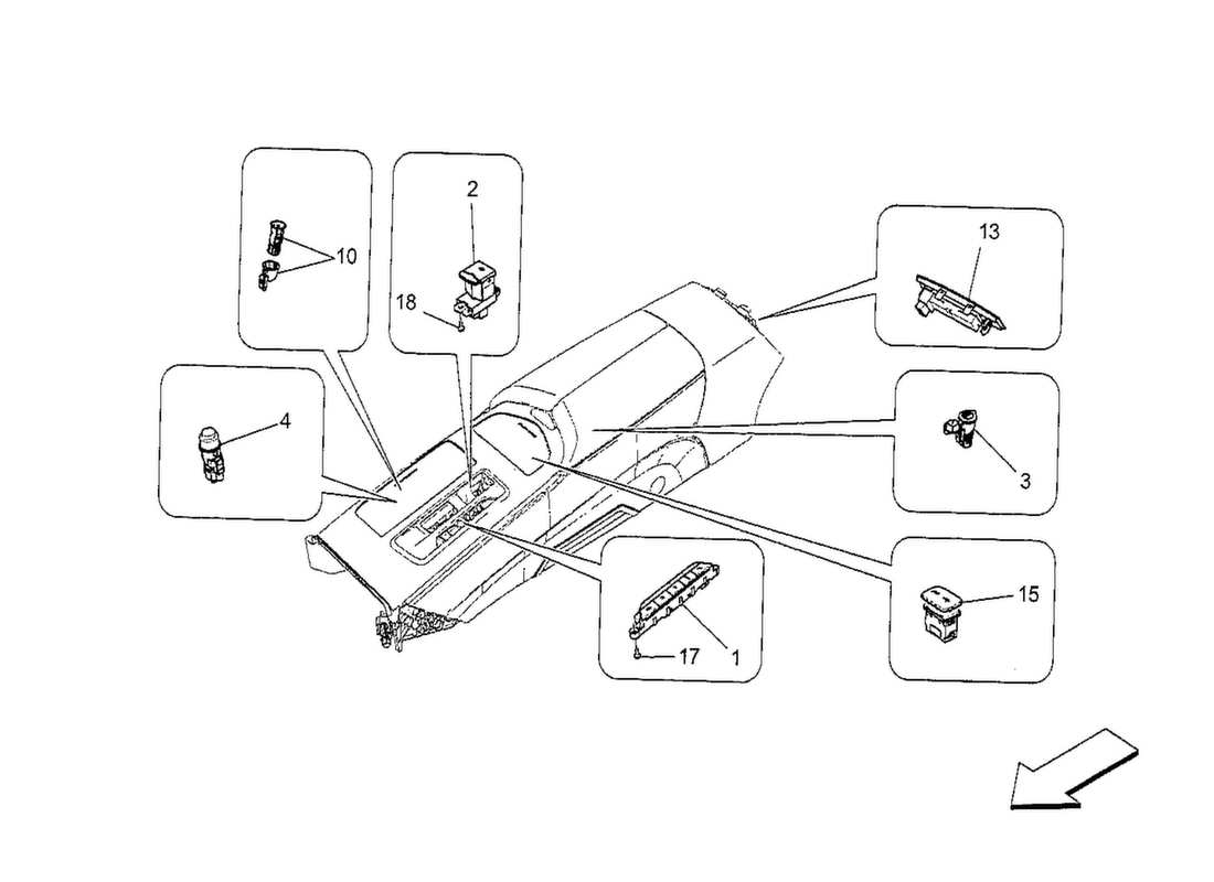 maserati qtp. v8 3.8 530bhp 2014 diagramma delle parti dei dispositivi della console centrale