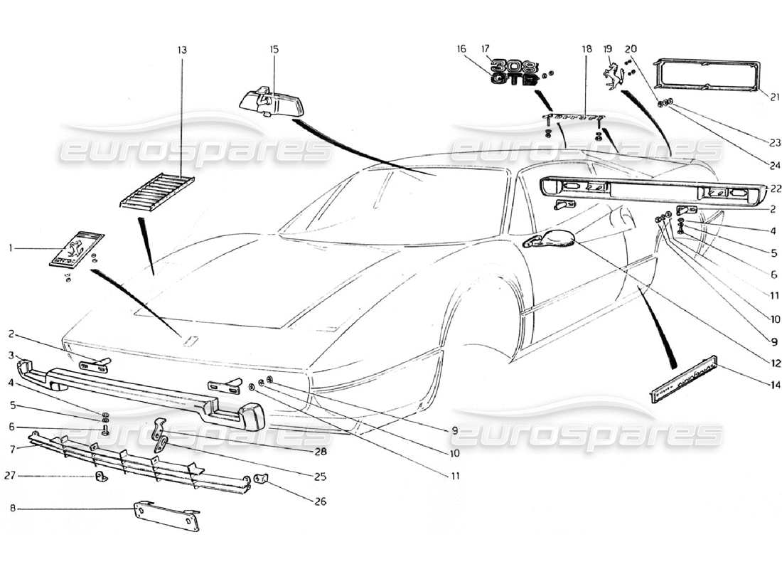 ferrari 308 gtb (1976) diagramma delle parti di paraurti e modanature