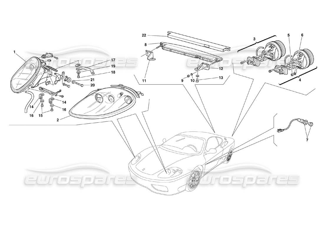 ferrari 360 challenge (2000) diagramma delle parti delle luci anteriori e posteriori