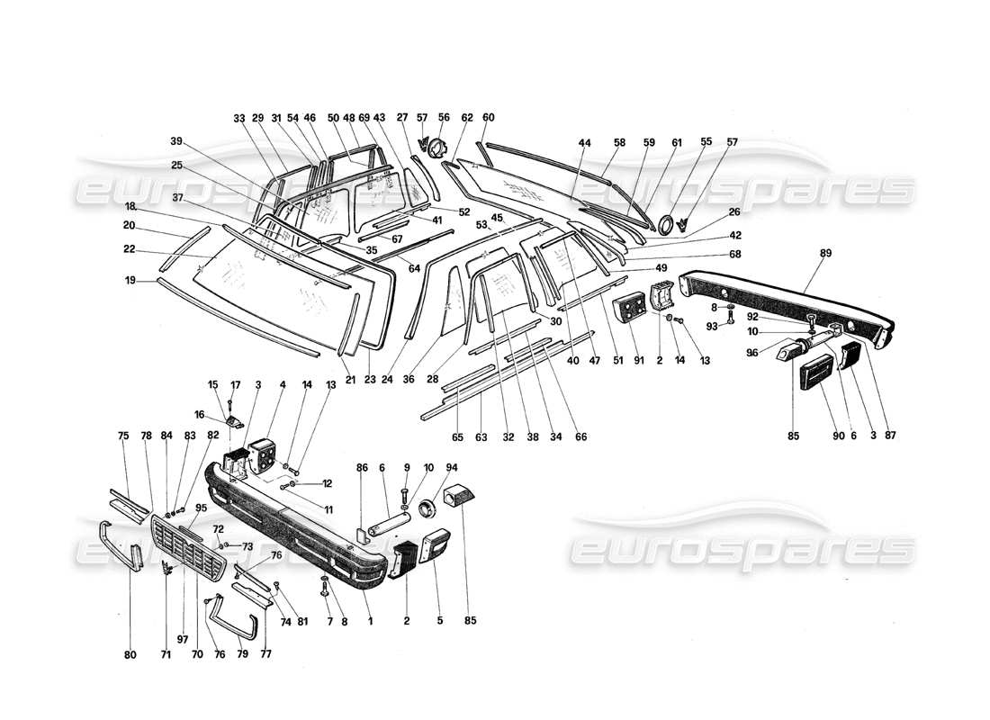 maserati qtp.v8 4.9 (s3) 1979 diagramma delle parti di paraurti e vetri
