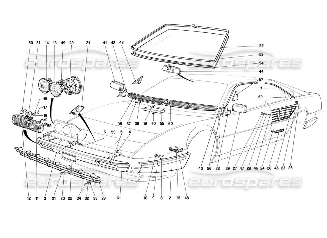 ferrari mondial 8 (1981) paraurti, fari e vetri anteriori diagramma delle parti