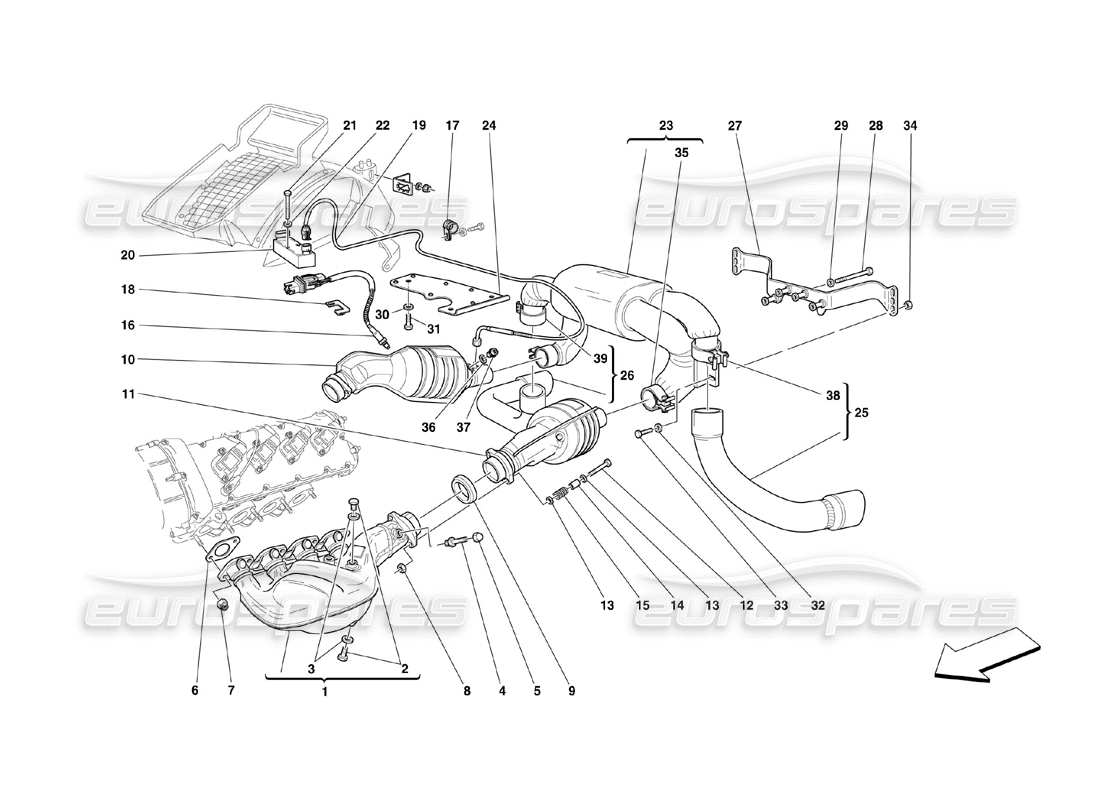 ferrari 360 challenge (2000) diagramma delle parti del sistema di scarico