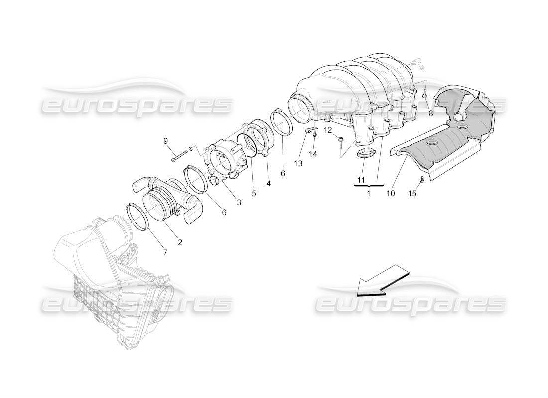 maserati qtp. (2011) 4.2 auto schema della parte del collettore di aspirazione e del corpo farfallato