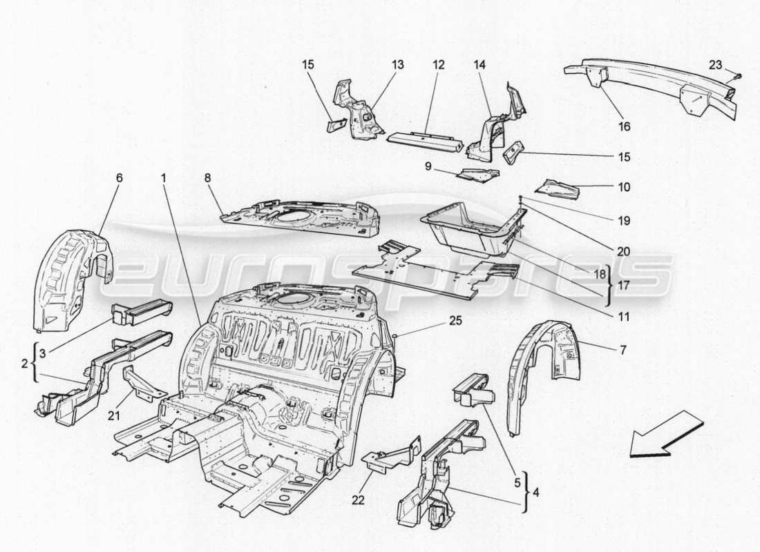 maserati granturismo special edition schema delle parti dei telai strutturali posteriori e dei pannelli in lamiera