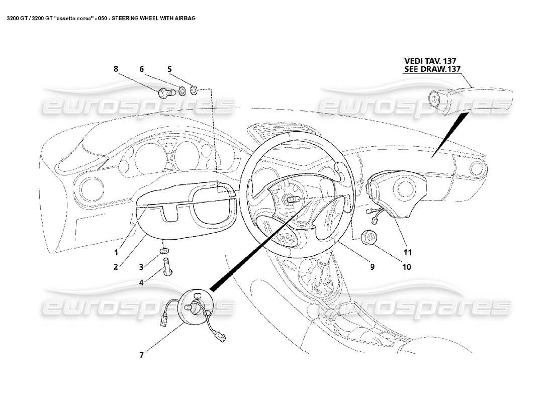 maserati 3200 gt/gta/assetto corsa schema delle parti del volante e dell'airbag