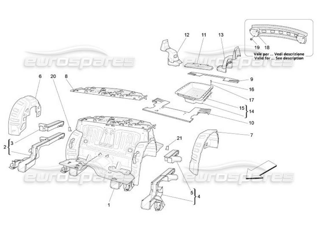 maserati qtp. (2005) 4.2 schema delle parti dei telai strutturali posteriori e dei pannelli in lamiera