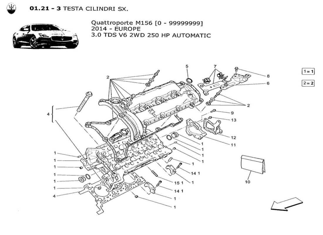 maserati qtp. v6 3.0 tds 250bhp 2014 diagramma delle parti della testata del cilindro sinistra