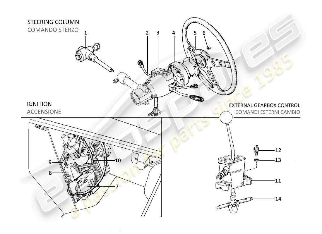 ferrari 246 dino (1975) diagramma delle parti del comando dello sterzo, dell'accensione del motore e dei comandi esterni del cambio (varianti per le versioni usa).