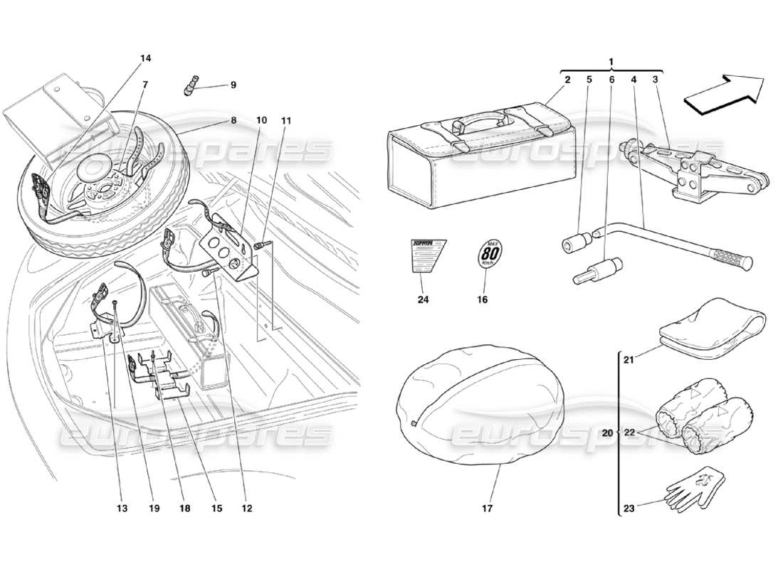 ferrari 360 challenge stradale ruota di scorta e attrezzatura diagramma delle parti