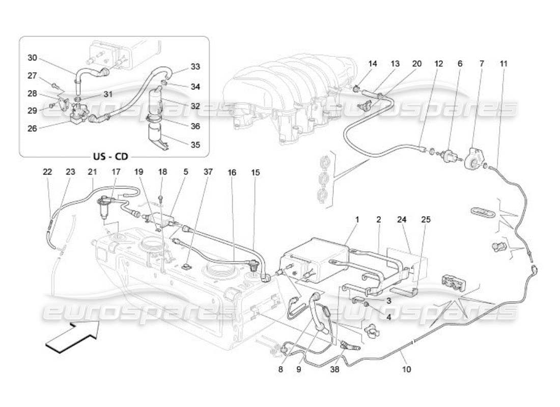 maserati qtp. (2005) 4.2 diagramma delle parti del sistema di ricircolo dei vapori di carburante