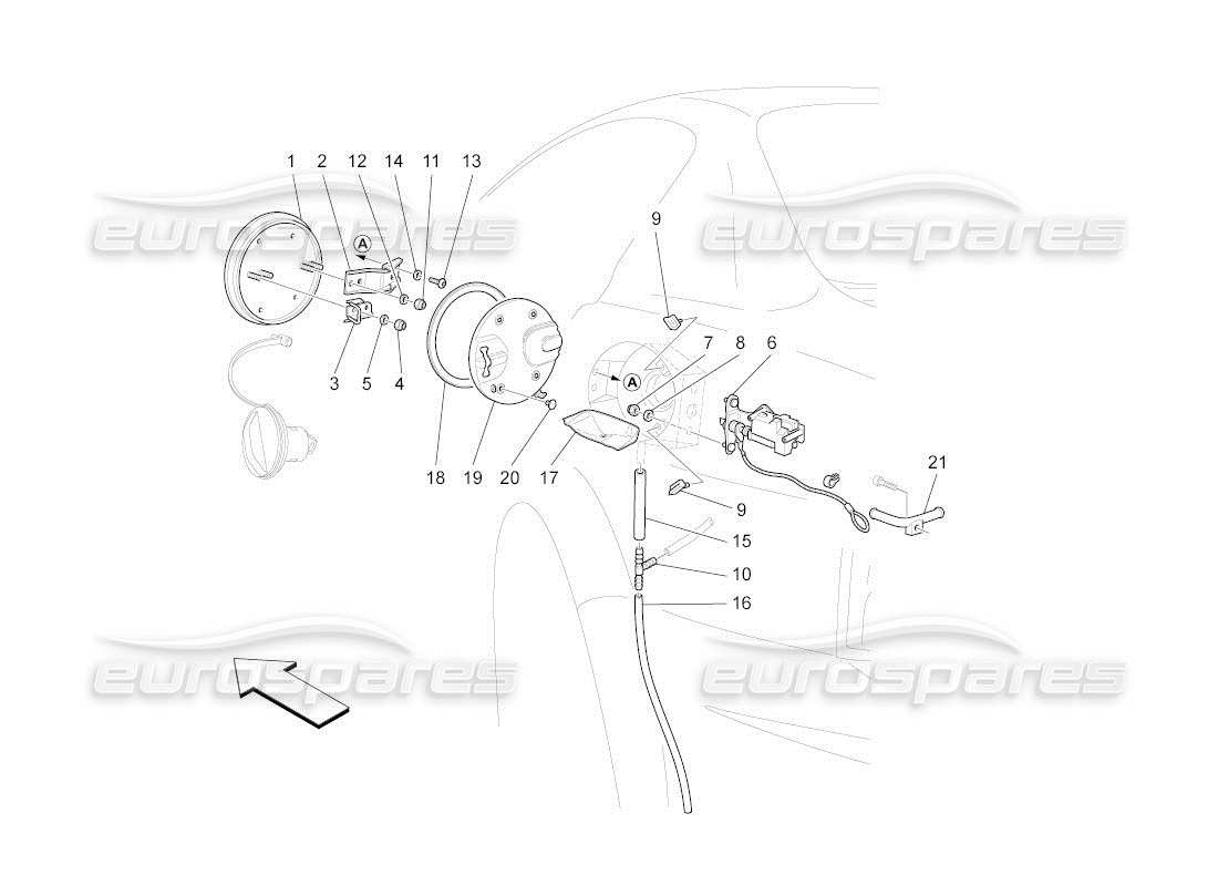 maserati qtp. (2011) 4.7 auto schema delle parti dello sportello del serbatoio del carburante e dei controlli