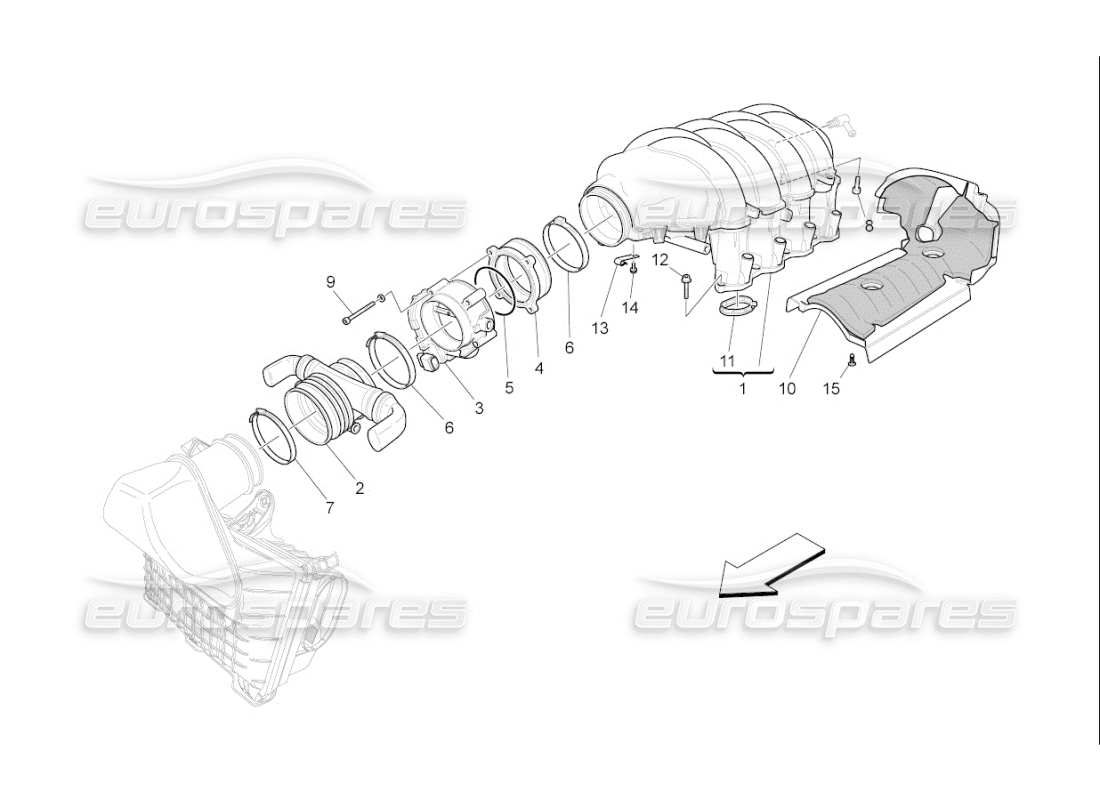 maserati qtp. (2009) 4.7 auto schema della parte del collettore di aspirazione e del corpo farfallato