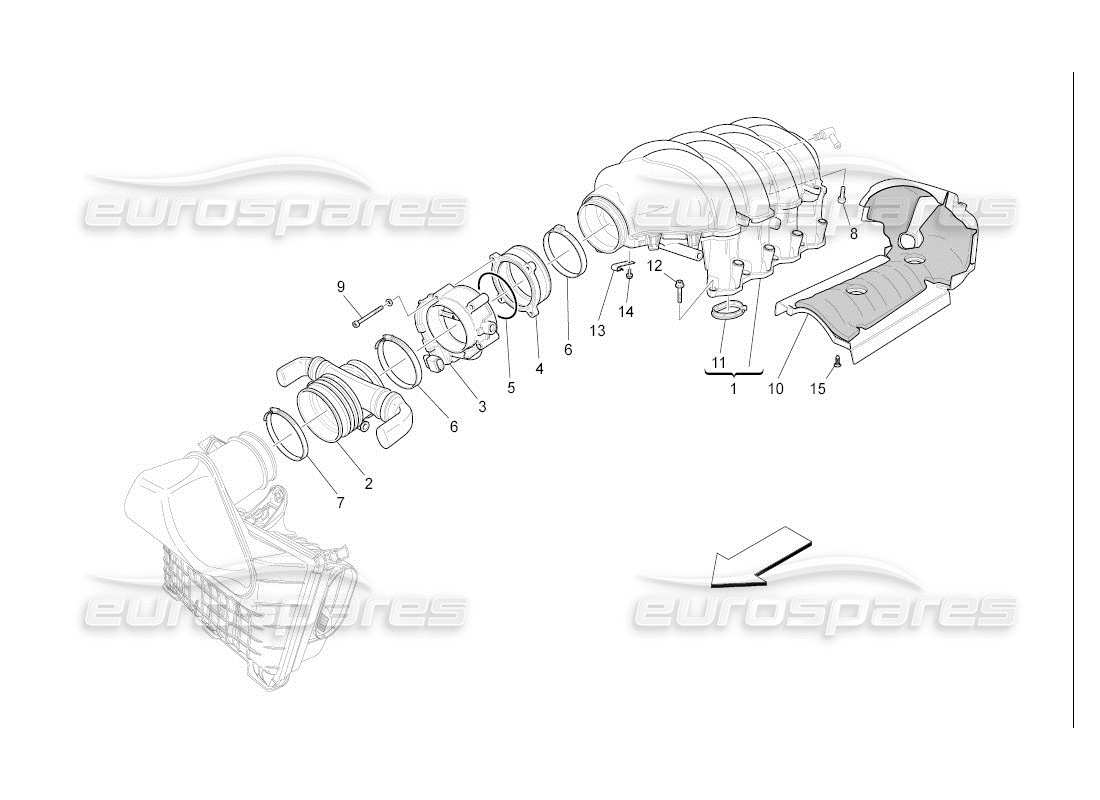 maserati qtp. (2007) 4.2 auto schema della parte del collettore di aspirazione e del corpo farfallato