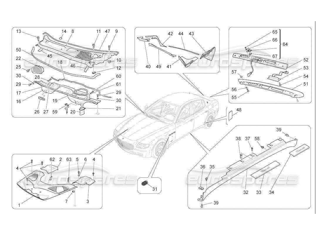 maserati qtp. (2007) 4.2 auto schema delle parti di scudi, finiture e pannelli di copertura
