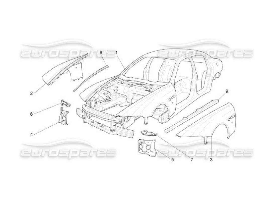 maserati qtp. (2005) 4.2 carrozzeria e pannelli di rivestimento esterni anteriori diagramma delle parti