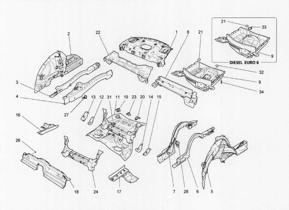 maserati qtp. v6 3.0 bt 410bhp 2wd 2017 schema delle parti dei telai strutturali posteriori e dei pannelli in lamiera