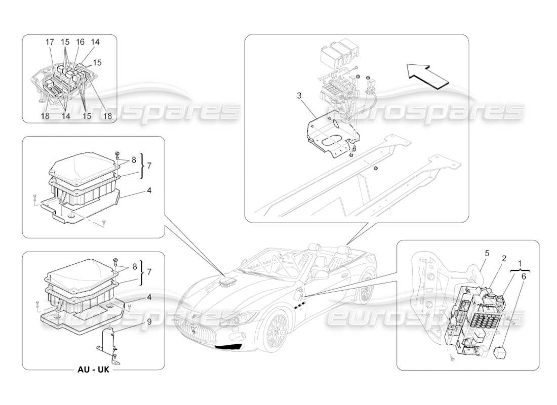 maserati grancabrio (2010) 4.7 schema delle parti di relè, fusibili e scatole