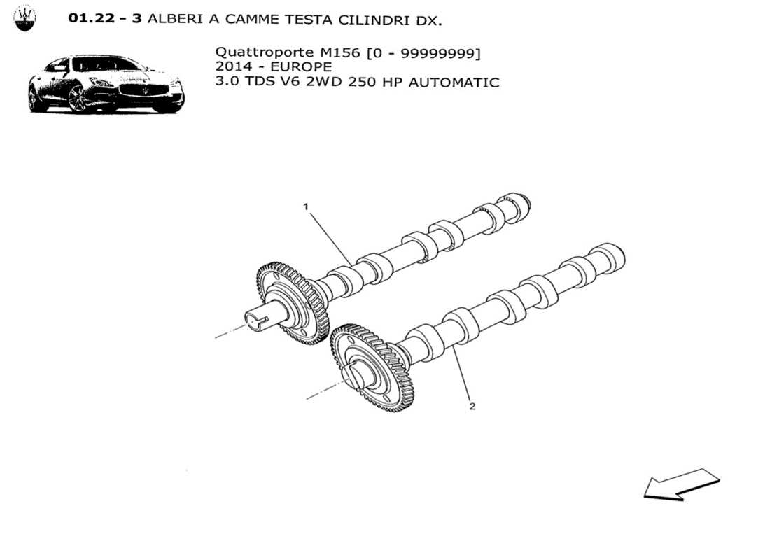 maserati qtp. v6 3.0 tds 250bhp 2014 diagramma delle parti degli alberi a camme della testata destra