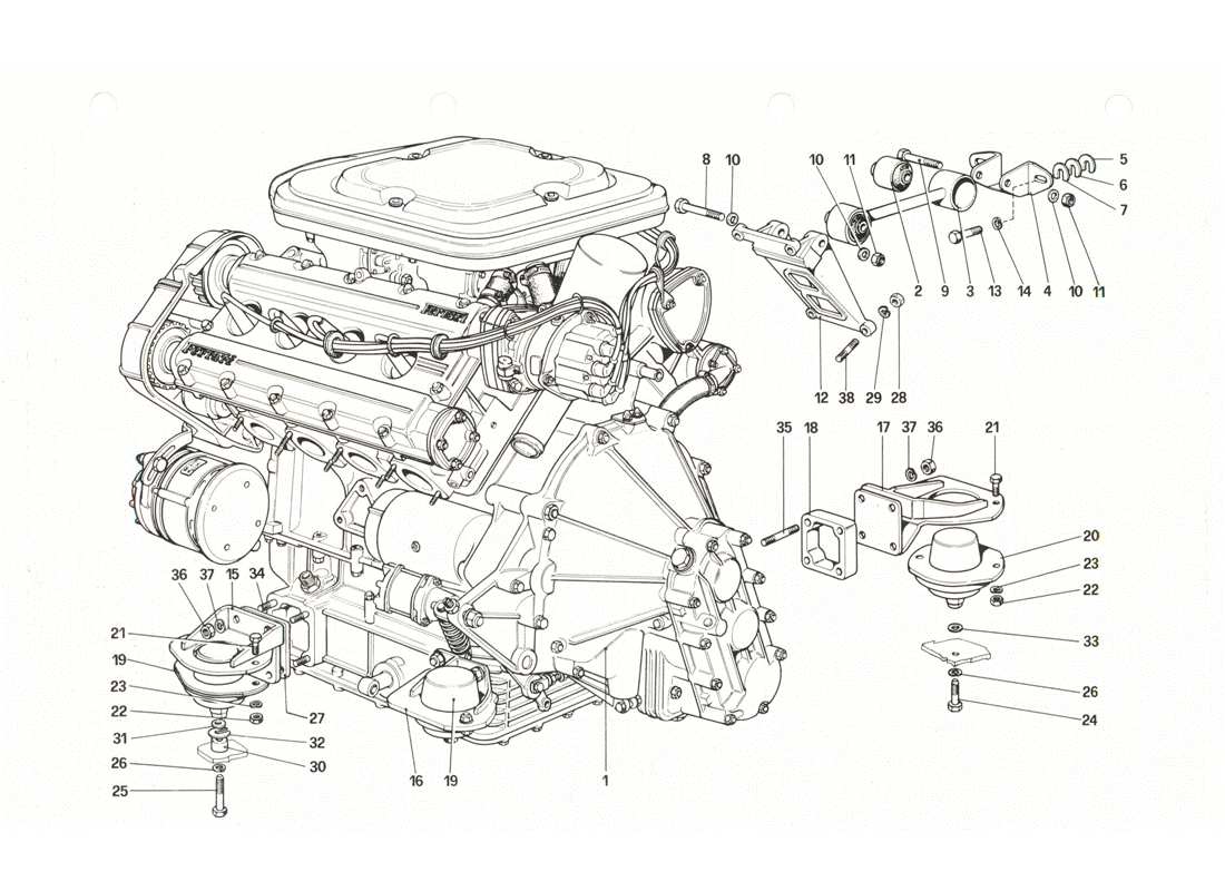 ferrari 208 gtb gts motore: diagramma delle parti del cambio e dei supporti