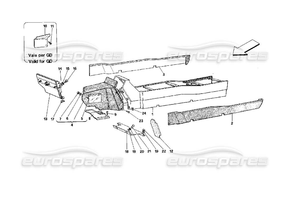 ferrari mondial 3.4 t coupe/cabrio tunnel - struttura e rivestimenti - diagramma delle parti del coupé