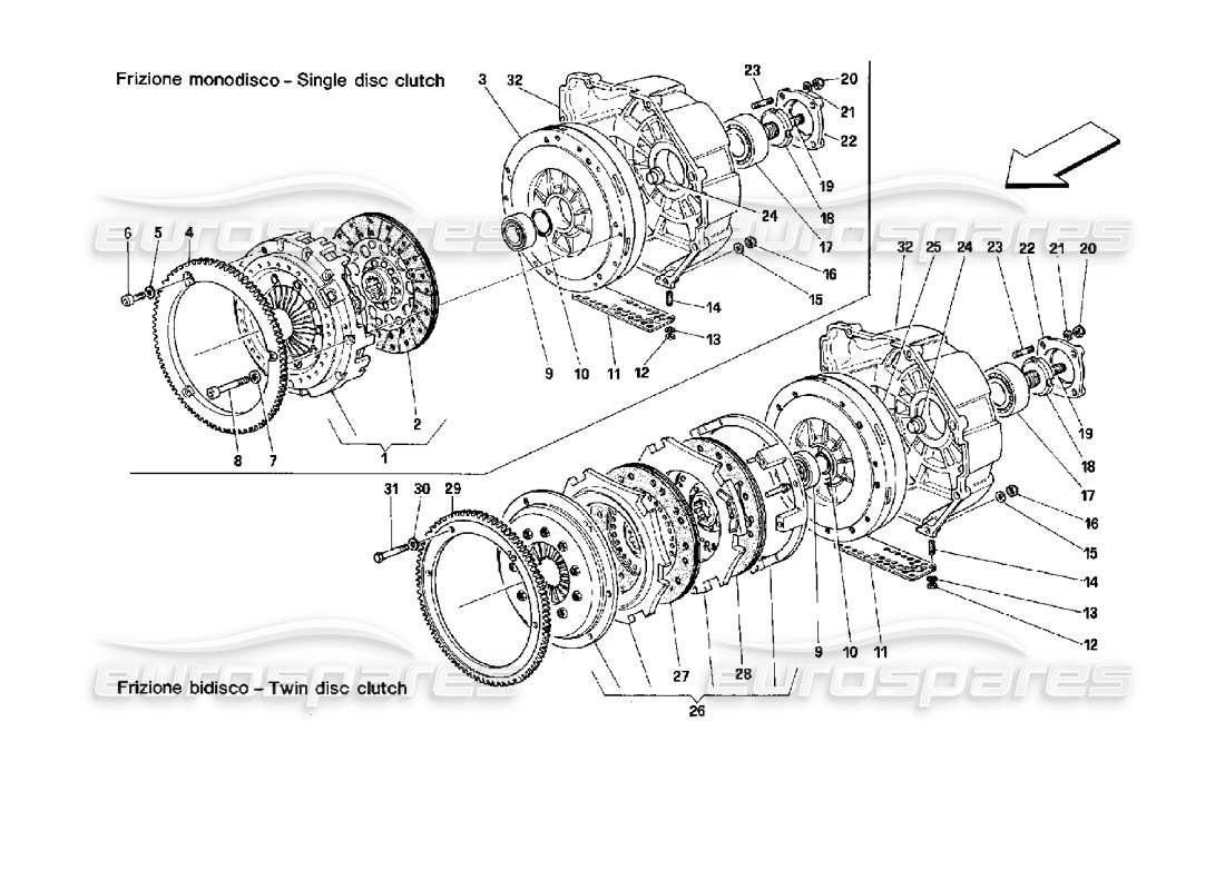 ferrari mondial 3.4 t coupe/cabrio schema delle parti della frizione a disco singolo e doppio