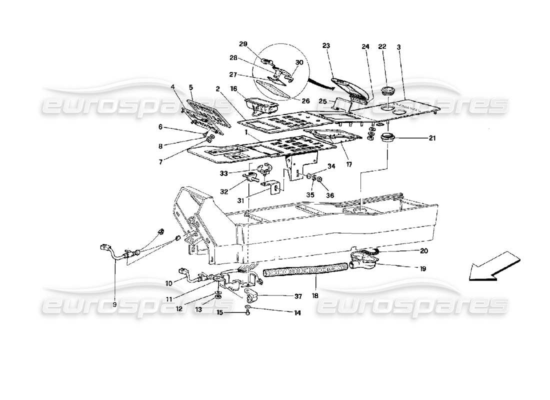 ferrari mondial 3.4 t coupe/cabrio tunnel - componenti - schema delle parti coupé