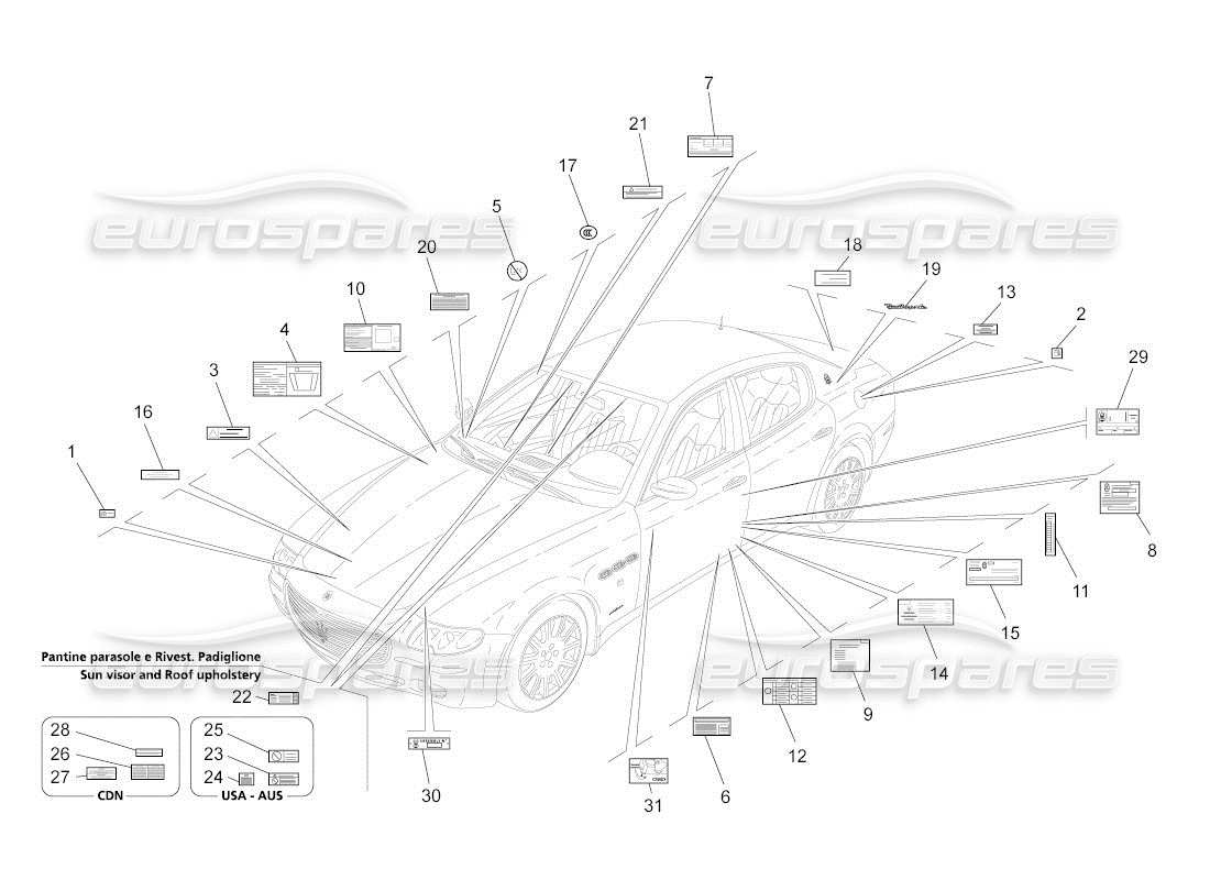 maserati qtp. (2011) 4.7 auto diagramma delle parti di adesivi ed etichette