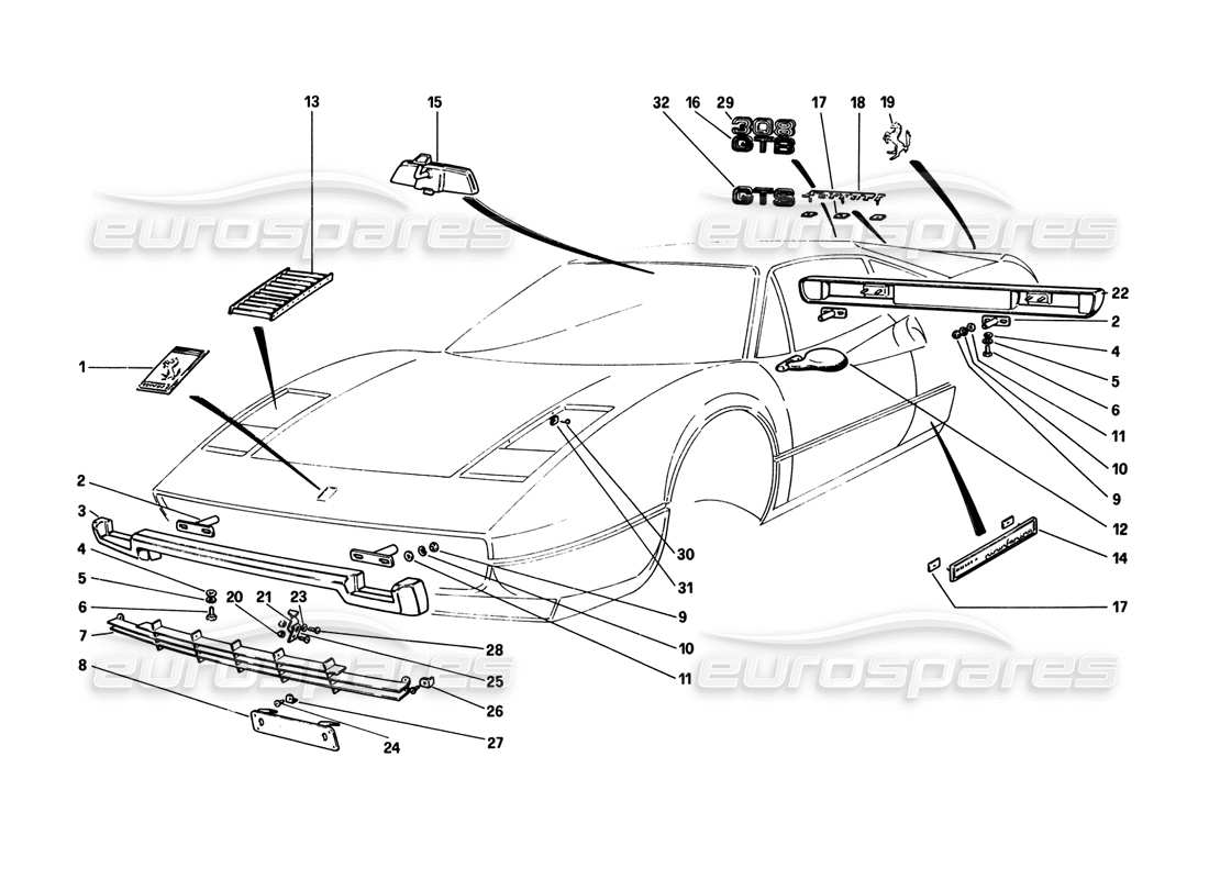 ferrari 308 gtb (1980) diagramma delle parti di paraurti e modanature (varianti per versioni rhd - aus).