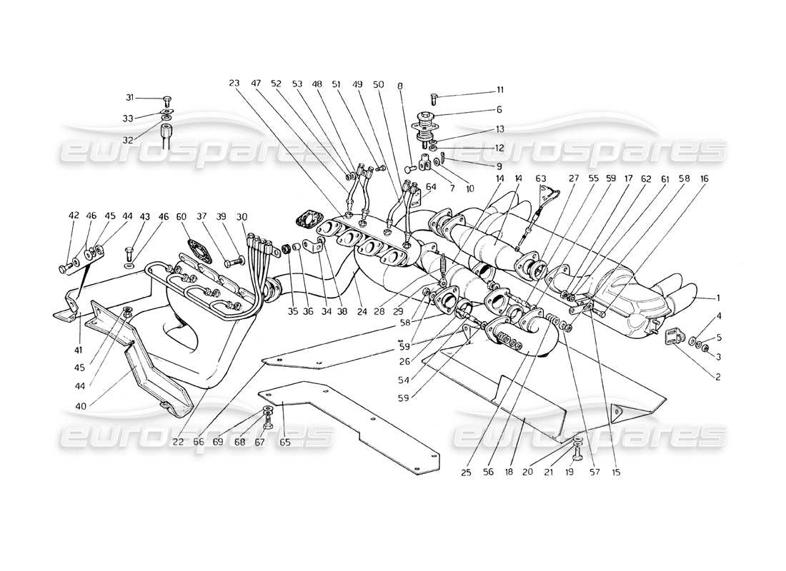 ferrari 308 gt4 dino (1979) schema delle parti del sistema di scarico (varianti per usa - versione aus e j).