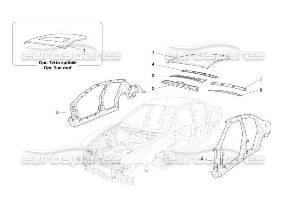 maserati qtp. (2005) 4.2 schema delle parti della carrozzeria e dei pannelli di rivestimento esterni centrali