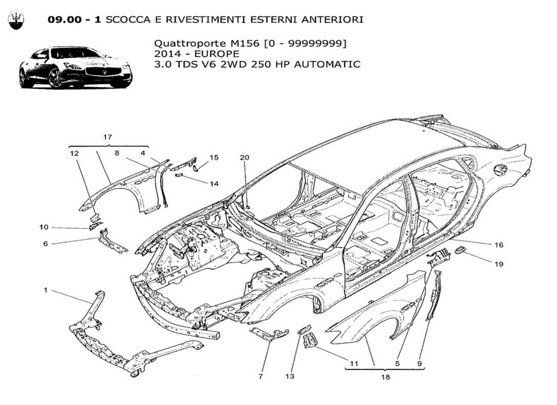 maserati qtp. v6 3.0 tds 250bhp 2014 schema delle parti della carrozzeria e dei pannelli di rivestimento esterni anteriori