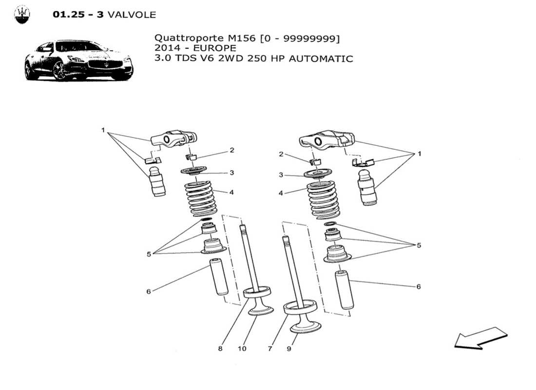 maserati qtp. v6 3.0 tds 250bhp 2014 diagramma delle parti delle valvole