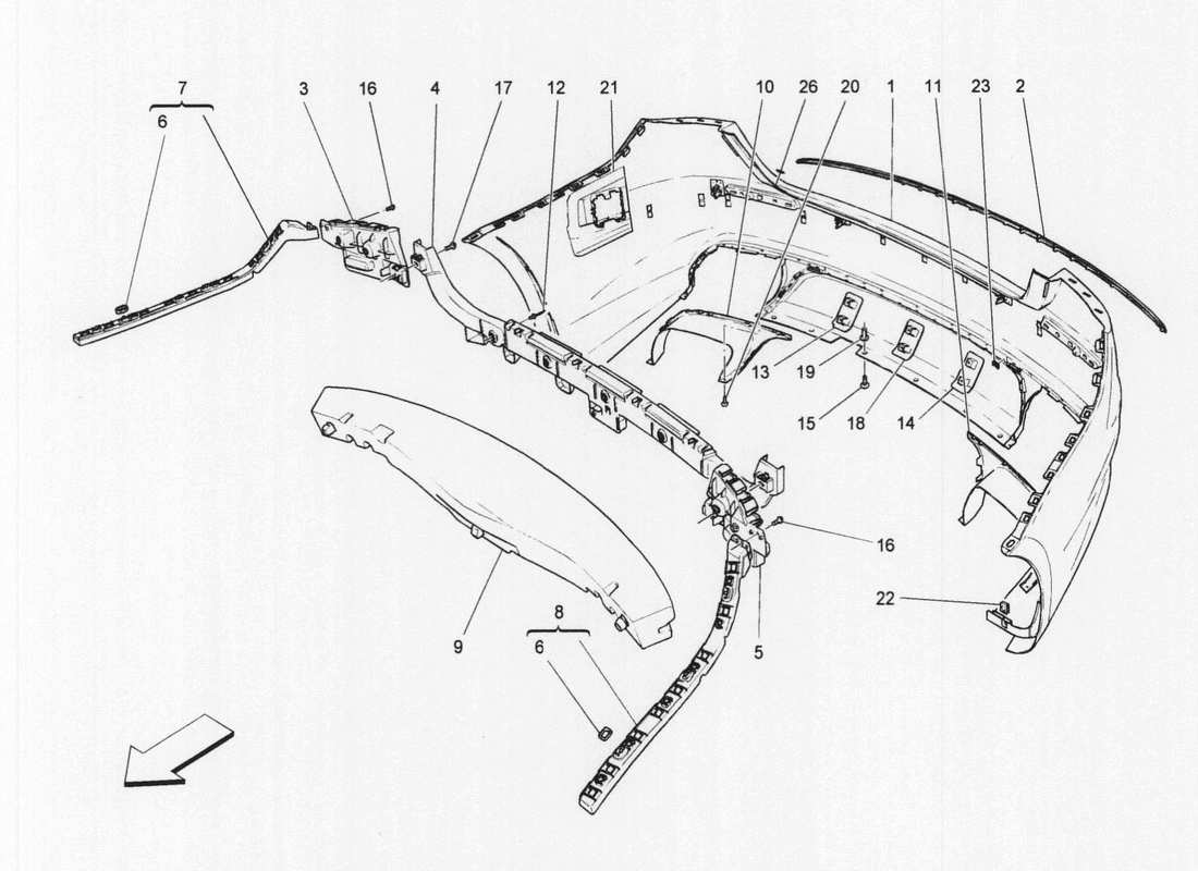 maserati qtp. v6 3.0 bt 410bhp 2wd 2017 paraurti posteriore diagramma delle parti