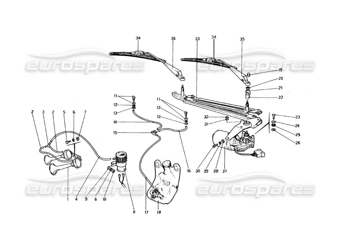 ferrari 308 gtb (1976) diagramma delle parti di tergicristallo, rondella e avvisatore acustico (valido per versioni rhd - aus).